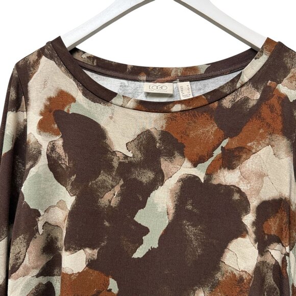 LOGO Lori Goldstein Tunic Top Brown Print Chiffon Ruffle Long Sleeve Tee NWOT - Picture 2 of 7